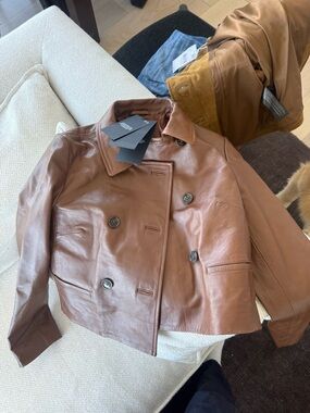 Mango Women's Cognac Leather Double-Breasted Jacket